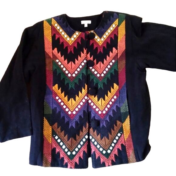 Vintage handmade black embroidered cotton coat jacket from Guatemala. Small - Picture 1 of 4